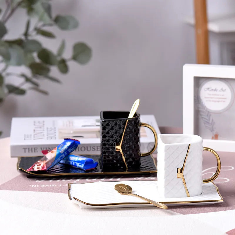 Gold Painted Coffee Cups and Saucer Set Bag Modeling Porcelain Teacup for Office Home