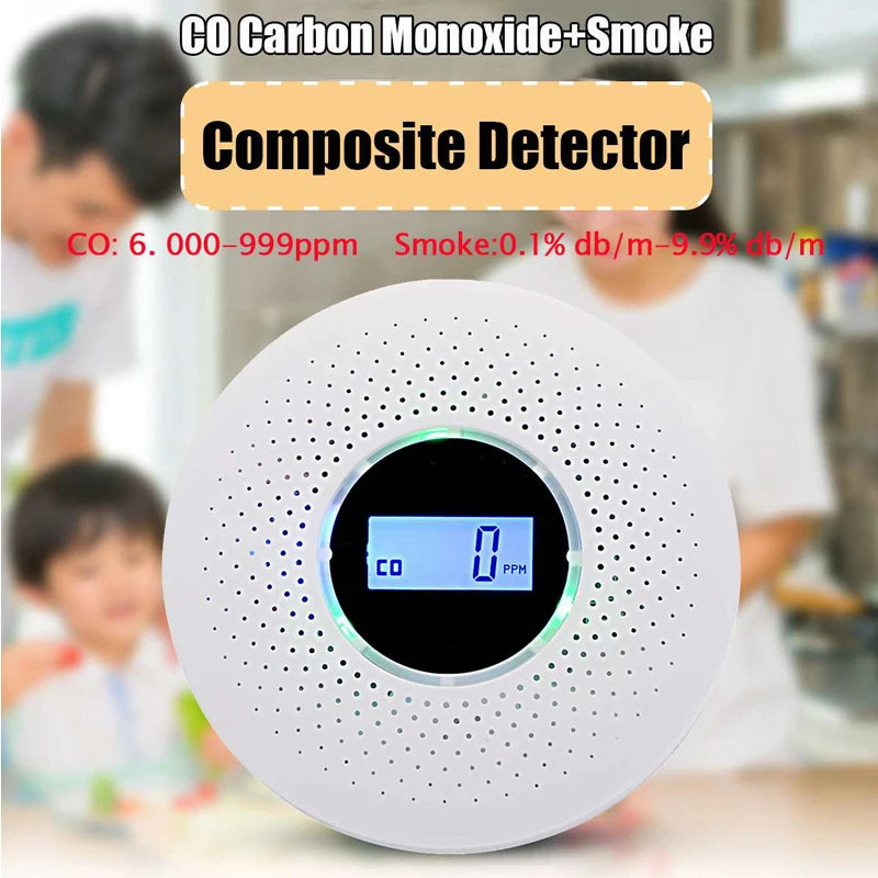 Smoke Detector & Carbon Monoxide Sensors 2 in 1 LCD Display Battery Operated CO Alarm with LED Light Flashing Sound Warning