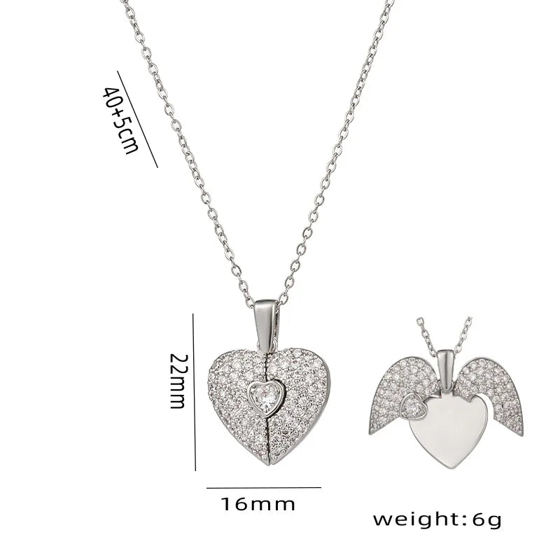 Popular Stainless Steel 18K Gold  Heart Necklace  Opening Angel Wings Heart Shaped Diamond Pendant Couple Necklaces For Lovers