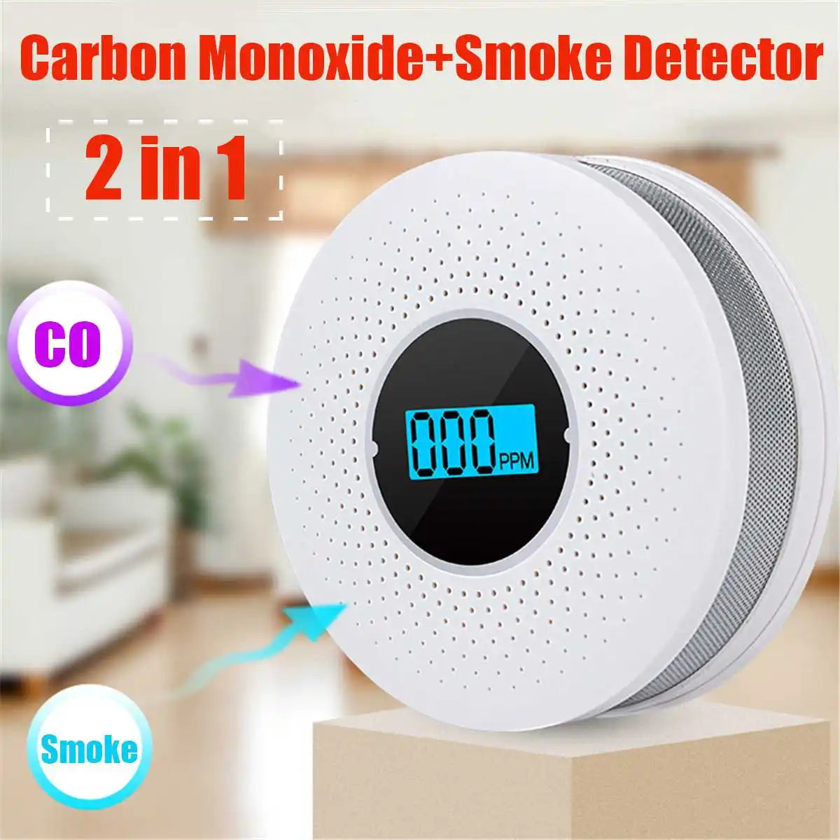 Smoke Detector & Carbon Monoxide Sensors 2 in 1 LCD Display Battery Operated CO Alarm with LED Light Flashing Sound Warning