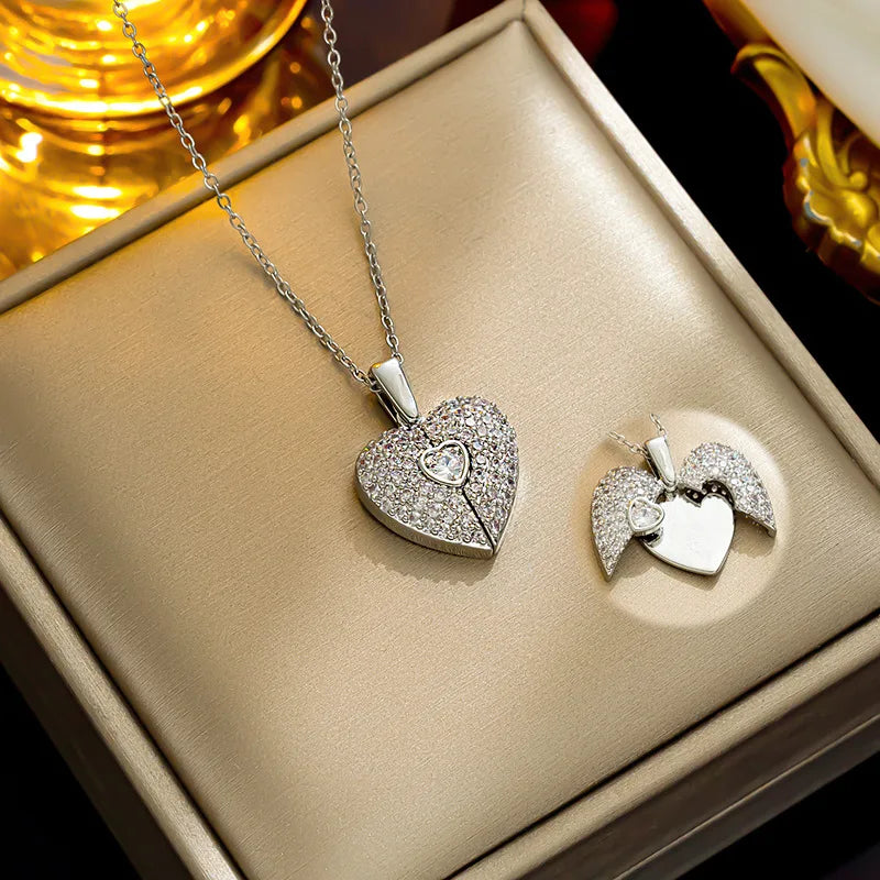 Popular Stainless Steel 18K Gold  Heart Necklace  Opening Angel Wings Heart Shaped Diamond Pendant Couple Necklaces For Lovers