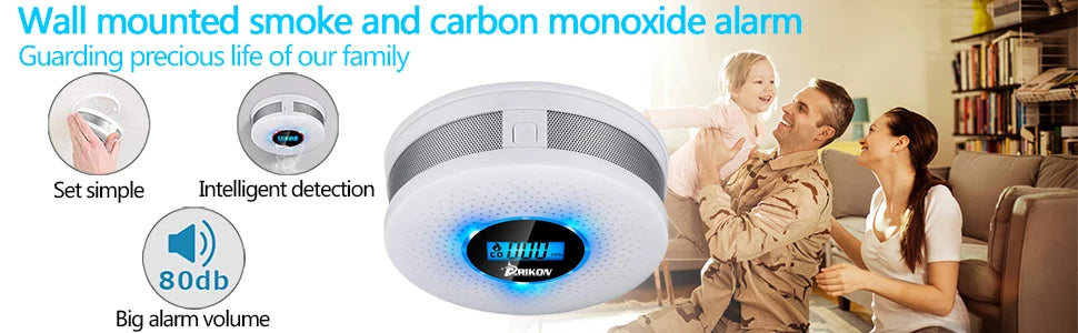 Smoke Detector & Carbon Monoxide Sensors 2 in 1 LCD Display Battery Operated CO Alarm with LED Light Flashing Sound Warning