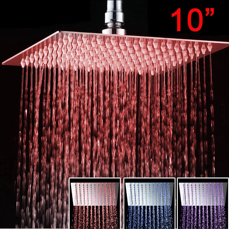 10 12 16 Inch LED Shower Head Square Romantic Bathroom Shower Head Temperature Control 3 Color Lights Ultrl Thin Shower head