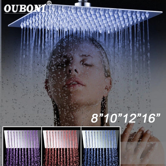 10 12 16 Inch LED Shower Head Square Romantic Bathroom Shower Head Temperature Control 3 Color Lights Ultrl Thin Shower head