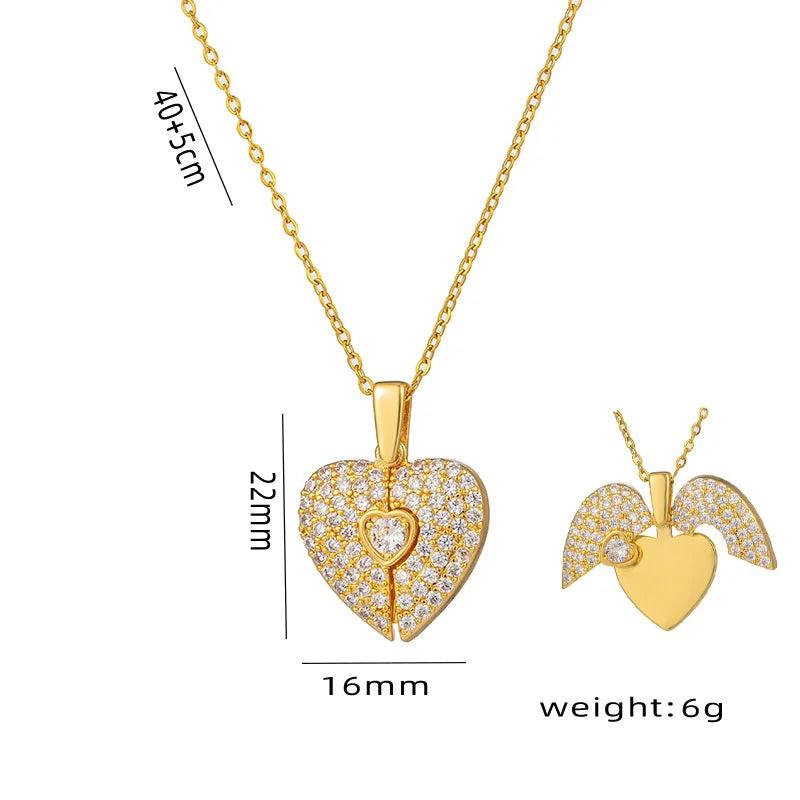 Popular Stainless Steel 18K Gold  Heart Necklace  Opening Angel Wings Heart Shaped Diamond Pendant Couple Necklaces For Lovers