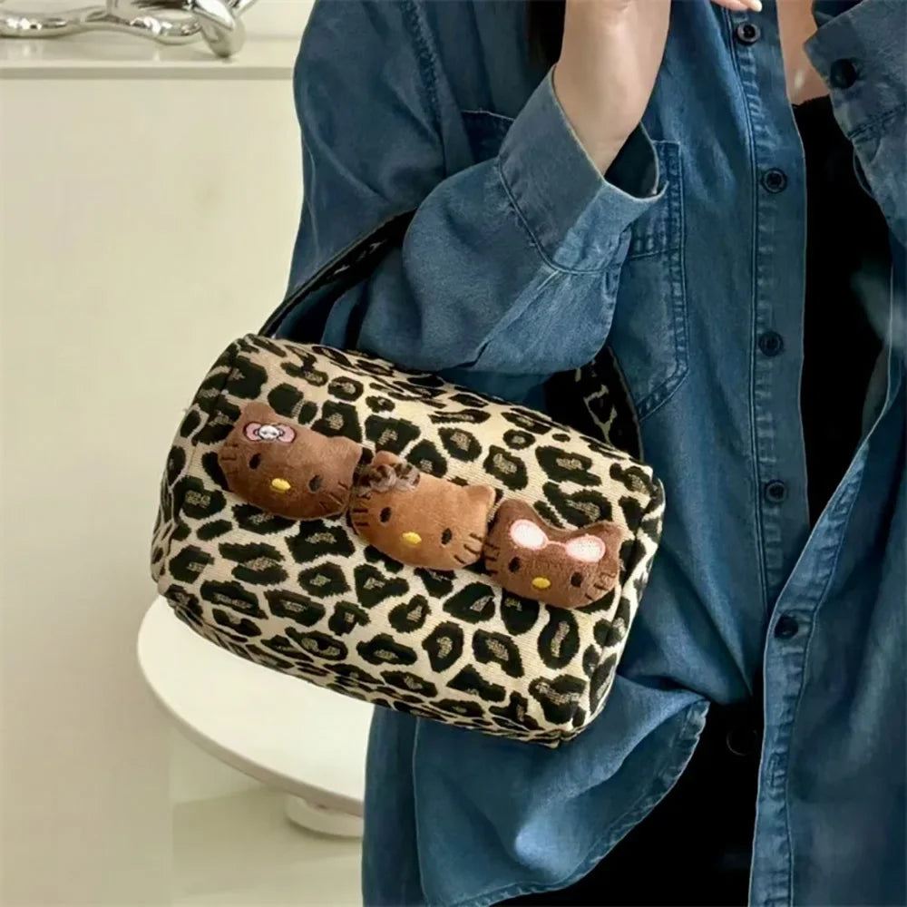 Hellokitty Leopard Cosmetic Bag Sanrio Kawaii  Fashion Cartoon Handbag Large Capacity Makeup Case Portable Satchel Backpacks Gif