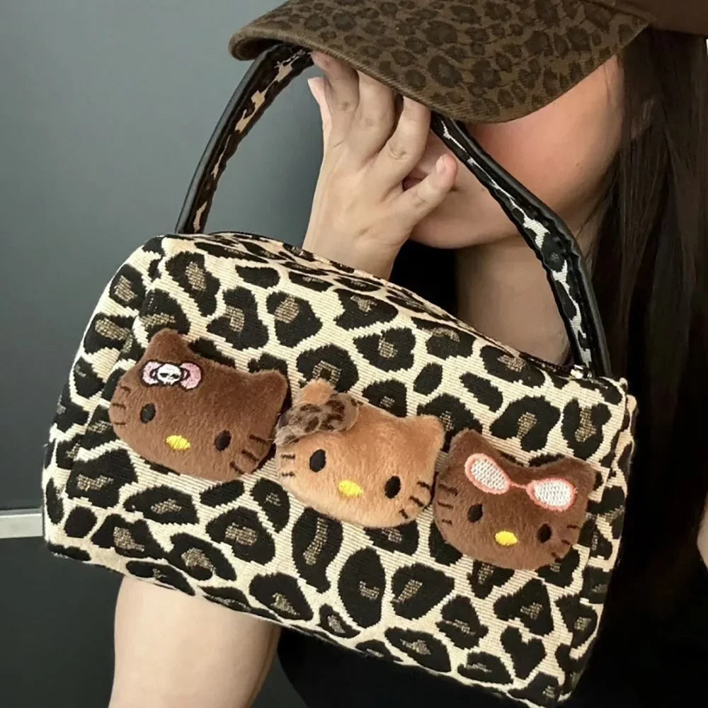 Hellokitty Leopard Cosmetic Bag Sanrio Kawaii  Fashion Cartoon Handbag Large Capacity Makeup Case Portable Satchel Backpacks Gif