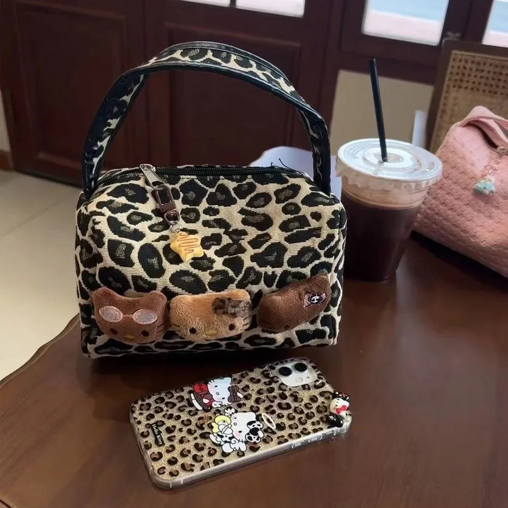 Hellokitty Leopard Cosmetic Bag Sanrio Kawaii  Fashion Cartoon Handbag Large Capacity Makeup Case Portable Satchel Backpacks Gif