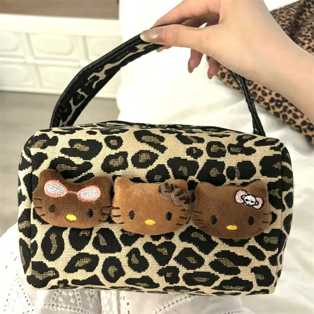 Hellokitty Leopard Cosmetic Bag Sanrio Kawaii  Fashion Cartoon Handbag Large Capacity Makeup Case Portable Satchel Backpacks Gif