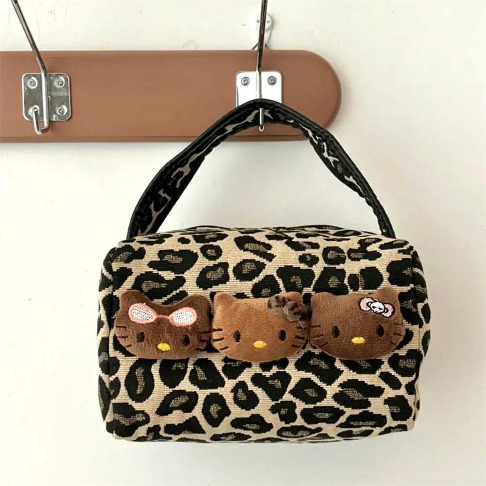 Hellokitty Leopard Cosmetic Bag Sanrio Kawaii  Fashion Cartoon Handbag Large Capacity Makeup Case Portable Satchel Backpacks Gif