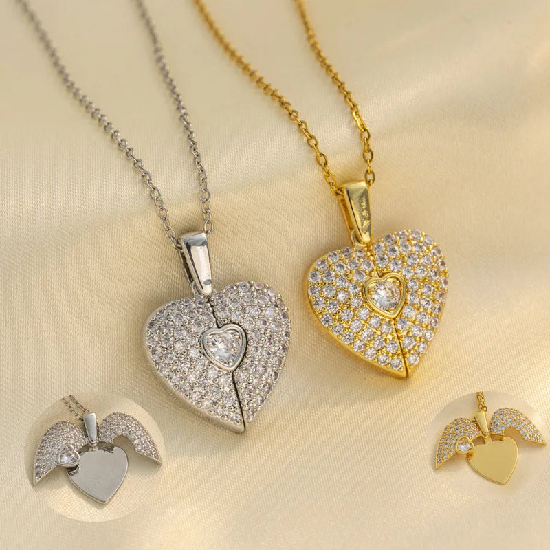 Popular Stainless Steel 18K Gold  Heart Necklace  Opening Angel Wings Heart Shaped Diamond Pendant Couple Necklaces For Lovers