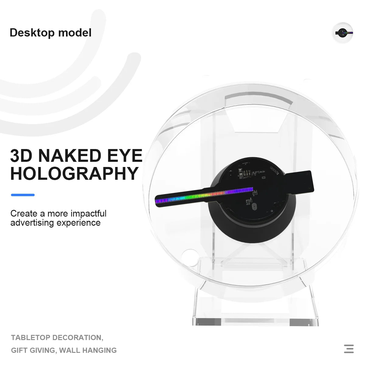 Holograficzne światła reklamowe 3D Model biurkowy LED z odtwarzaniem dźwięku z przezroczystą osłoną Wentylator holograficzny Prezenty świąteczne