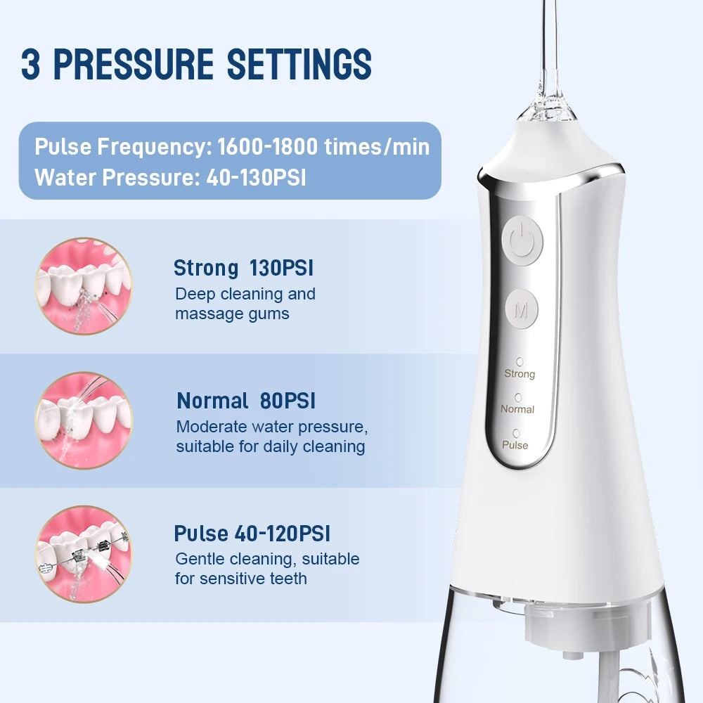 Irrigador bucal Dental, máquina de lavado bucal con hilo Dental, 5 boquillas, 3 modos, recargable por USB, tanque de 300ml