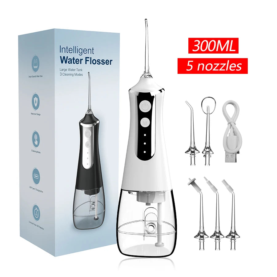 Irrigador bucal Dental, máquina de lavado bucal con hilo Dental, 5 boquillas, 3 modos, recargable por USB, tanque de 300ml