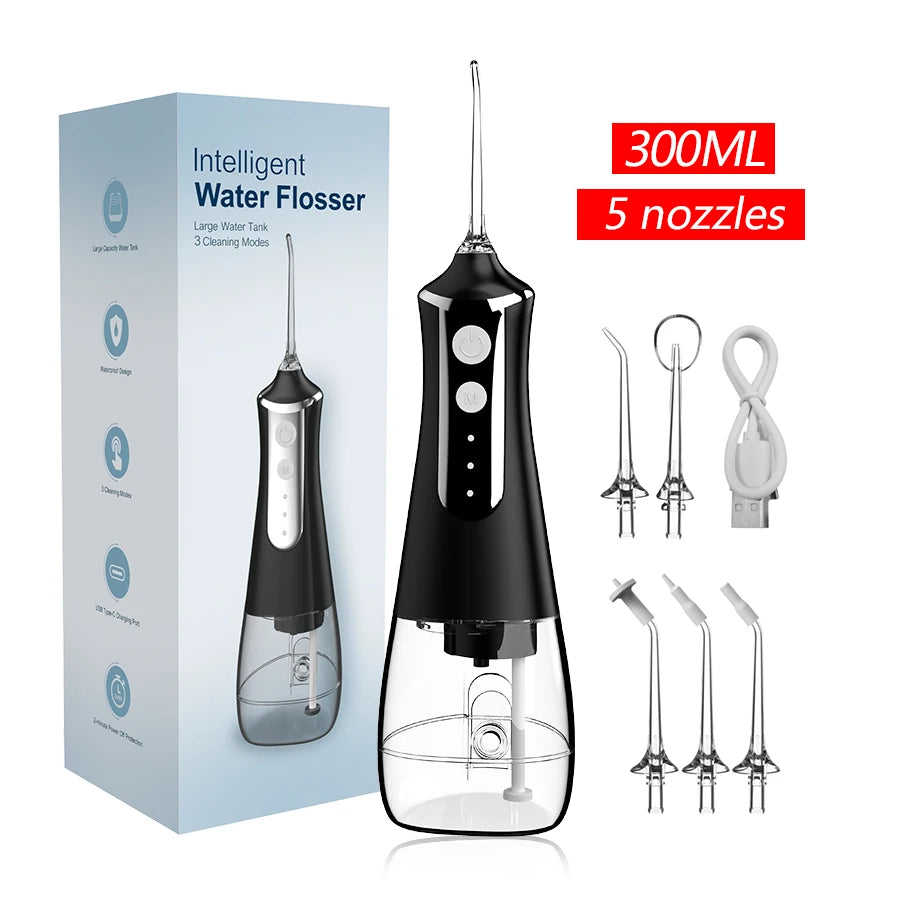 Irrigador bucal Dental, máquina de lavado bucal con hilo Dental, 5 boquillas, 3 modos, recargable por USB, tanque de 300ml