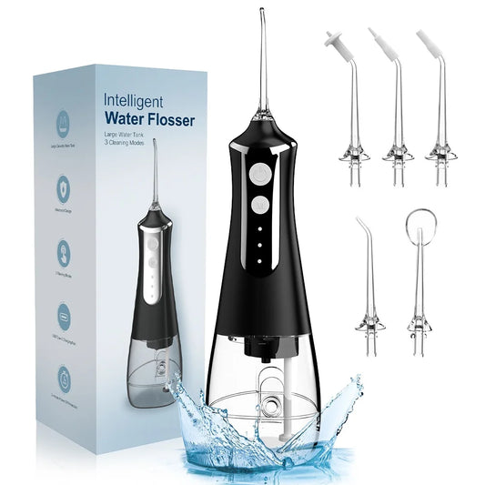 Irrigador bucal Dental, máquina de lavado bucal con hilo Dental, 5 boquillas, 3 modos, recargable por USB, tanque de 300ml