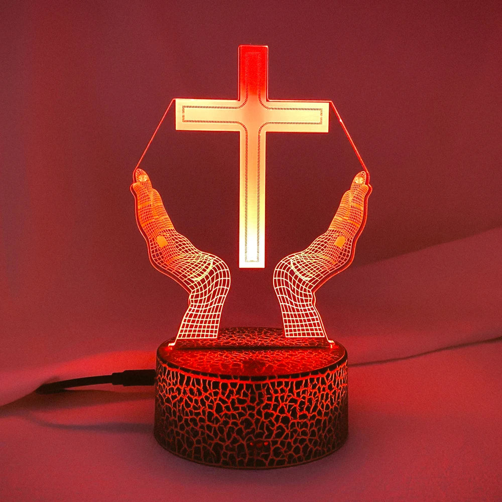 Jesus Cross 3D LED Night Light for Friends Xmas Easter Room Decor Gifts Crucifix Optical Illusion Desk Table Lamp Nightlight