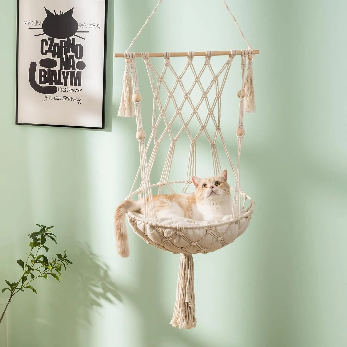 Mewoofun Hanging Cat Bed Pet Cat Hammock Cotton Rope Aerial Kitten Seat Nest with Washed Cotton Mat & Tassel Basket Tapestry