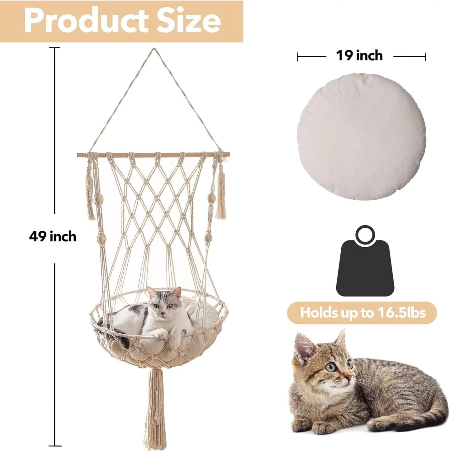 Mewoofun Hanging Cat Bed Pet Cat Hammock Cotton Rope Aerial Kitten Seat Nest with Washed Cotton Mat & Tassel Basket Tapestry