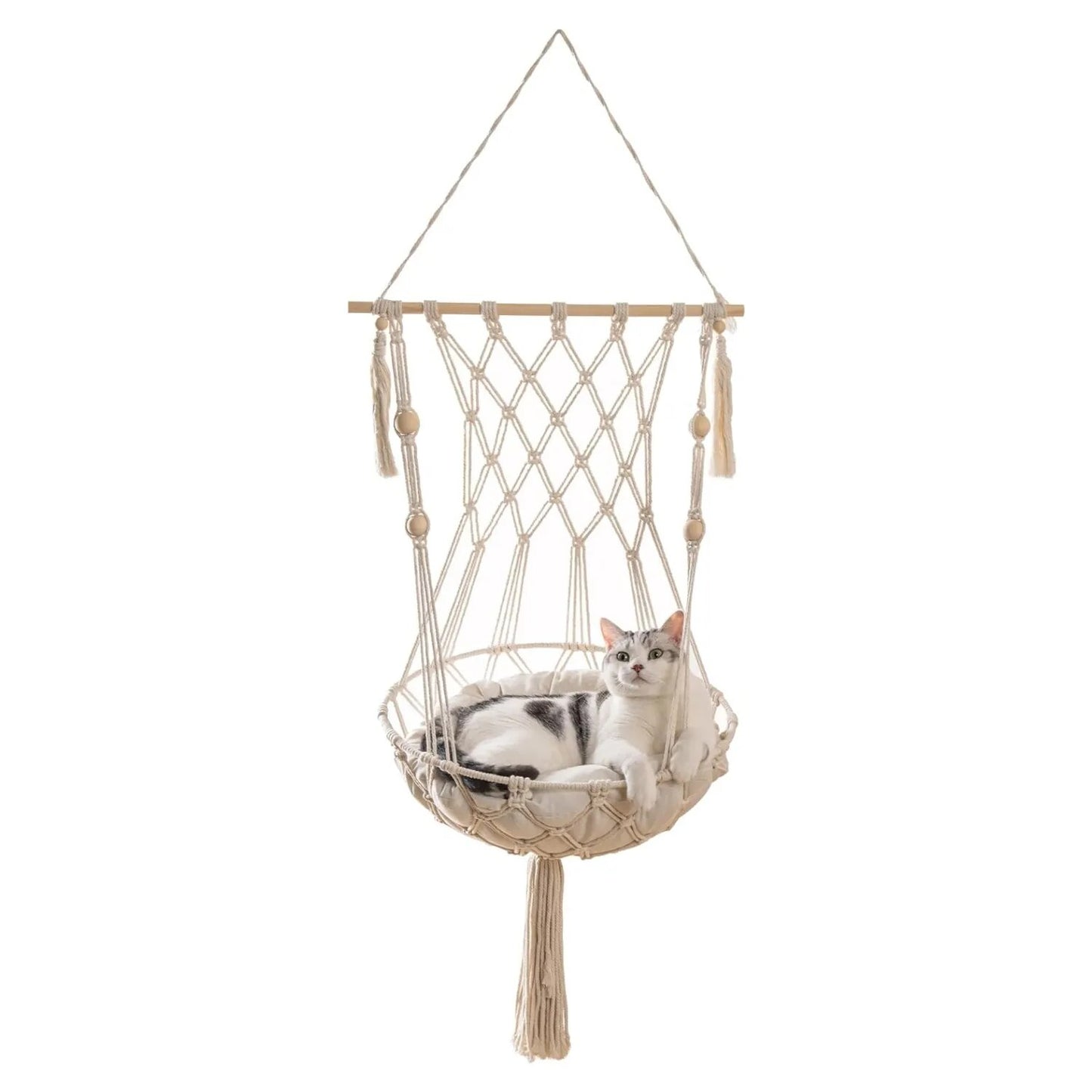 Mewoofun Hanging Cat Bed Pet Cat Hammock Cotton Rope Aerial Kitten Seat Nest with Washed Cotton Mat & Tassel Basket Tapestry