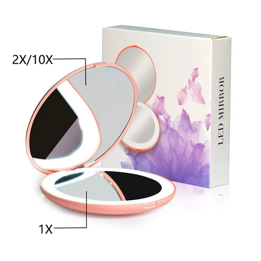 Mini miroir de maquillage portable à lumière LED, miroir HD grossissant 2X/10X, miroir de poche pliable pour filles, 4 couleurs, 2 faces