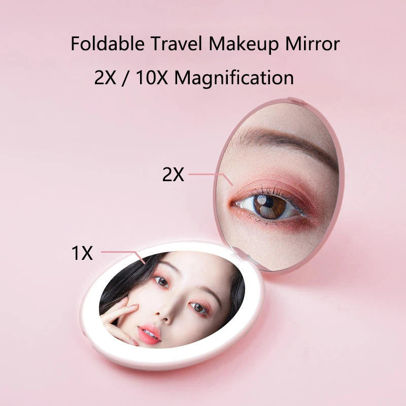 Mini miroir de maquillage portable à lumière LED, miroir HD grossissant 2X/10X, miroir de poche pliable pour filles, 4 couleurs, 2 faces