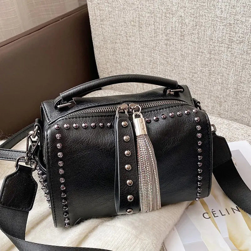 Mode niet frauen handtasche Breiten gurt weibliche Schulter taschen Kette quaste design Damen Umhängetaschen black boston totes