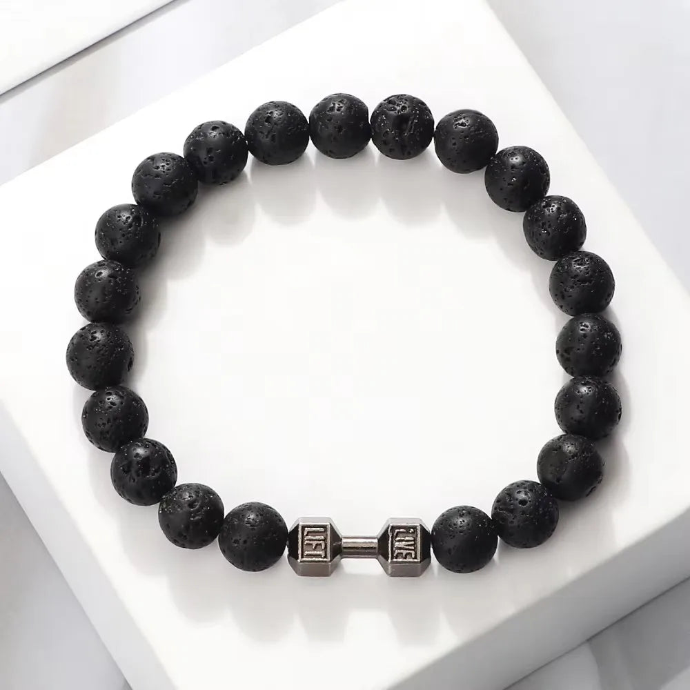 Natural Black Volcanic Lava Stone Dumbbell Bracelet black Matte Beads Bracelets For Women Men Fitness Barbell Jewelry Pulseras