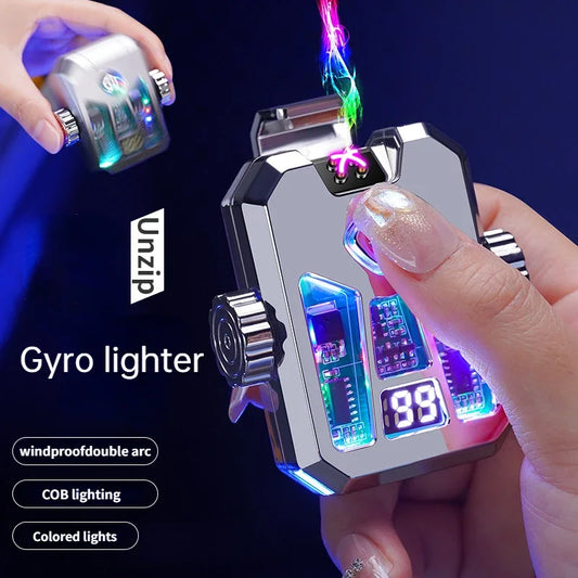 Neue High-End-Gyro-Feuerzeug im Mecha-Stil mit schwarzer Technologie, kreatives Doppelbogen-wiederaufladbares Beleuchtungsfeuerzeug, Geschenk für Männer