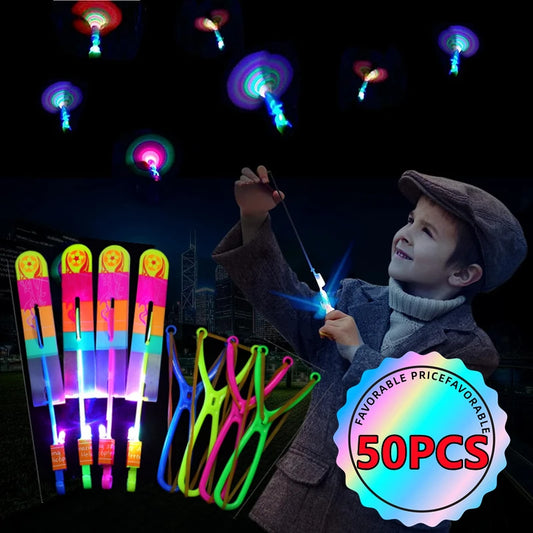 New 50/30/10/5/1Pc Amazing Light Toy Arrow Rocket Helicopter Flying Toy LED Light Toys Party Fun Gifts Rubber Band Catapult