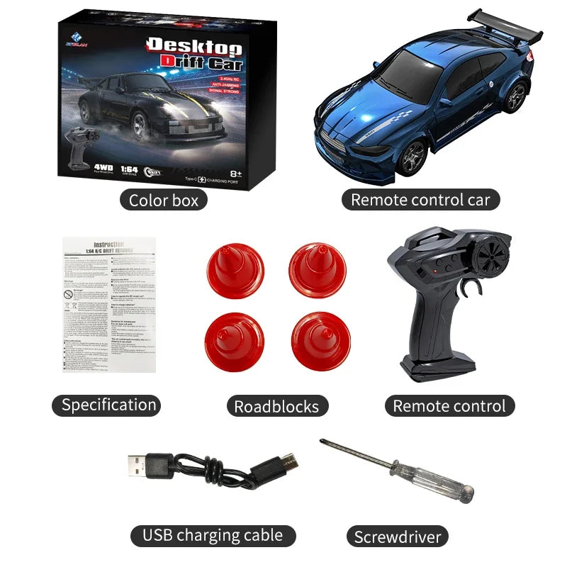 New Remote Control Drift Car 2.4G 1:64 Scale 4WD Model Vehicle With LED Light Racing Sport Toys For Adults Boys Girls Kids Gifts