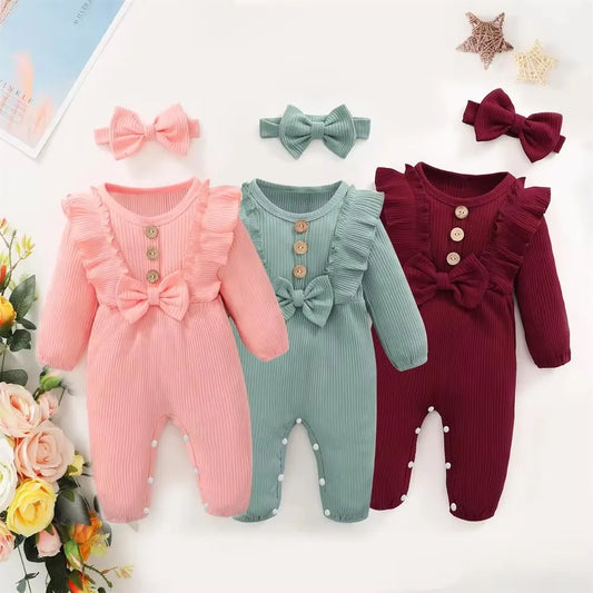 Newborn Baby Girl Romper Long Sleeved Ruffle Bodysuit with Headband Autumn & Winter Onesie Outfit Clothing for Baby 0-18 Months