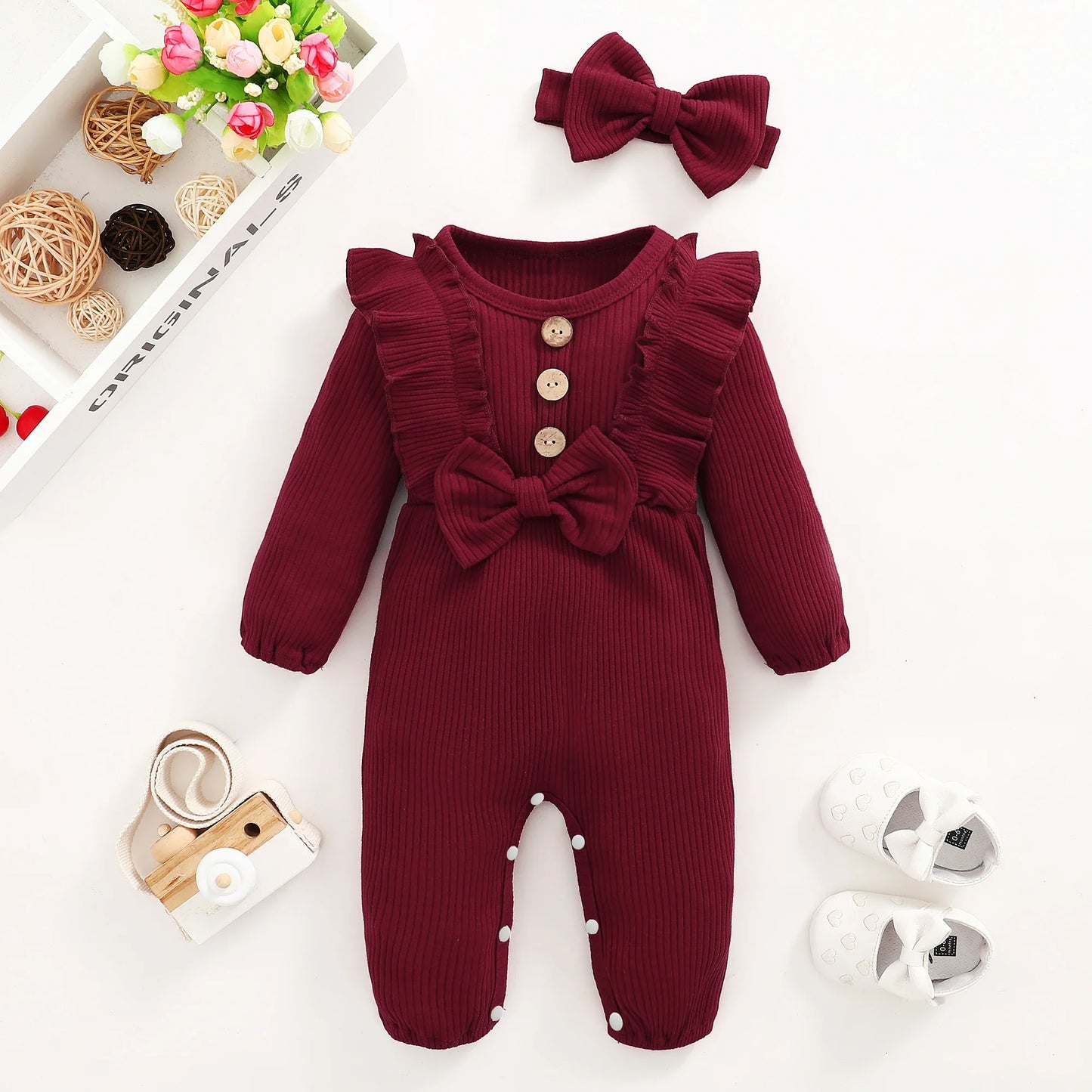 Newborn Baby Girl Romper Long Sleeved Ruffle Bodysuit with Headband Autumn & Winter Onesie Outfit Clothing for Baby 0-18 Months