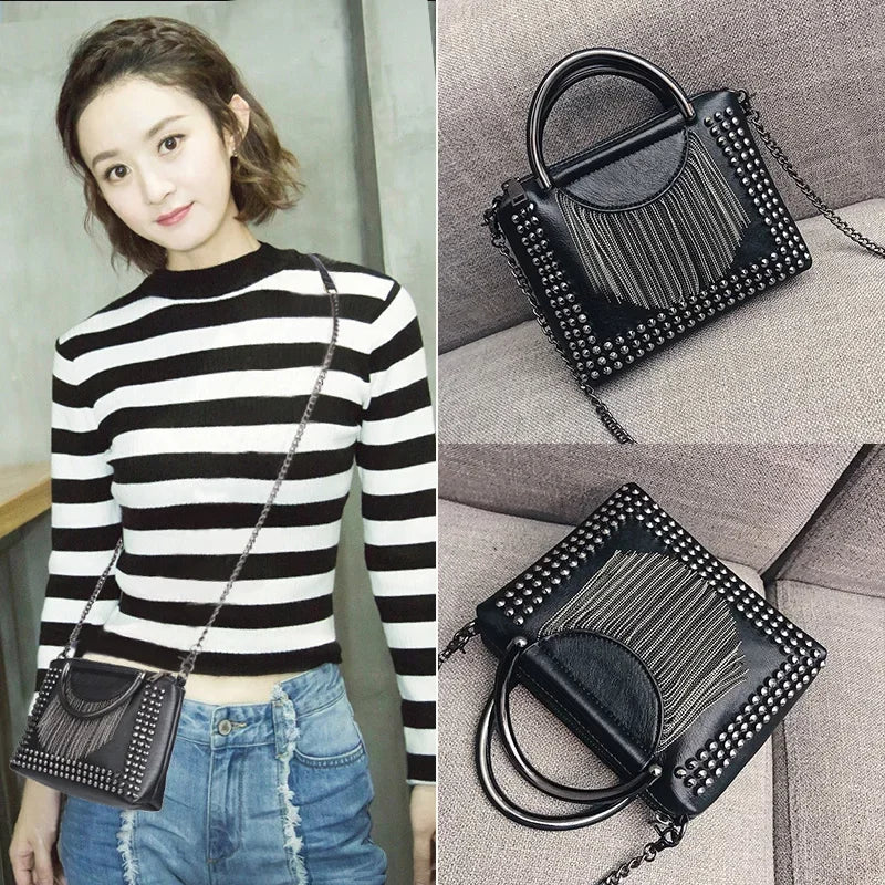 Niet Design Frauen Handtasche Mini Mode Kette Quaste Dame Umhängetaschen schwarze Mädchen Klappe Umhängetasche Bolsa Franja Totes