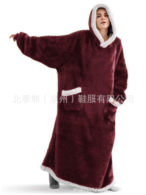 跨境圣诞睡衣睡袍女睡袍法兰绒加长竖口袋hoodie blanket 懒人毯