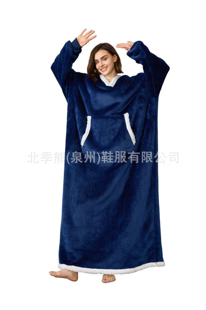 跨境圣诞睡衣睡袍女睡袍法兰绒加长竖口袋hoodie blanket 懒人毯