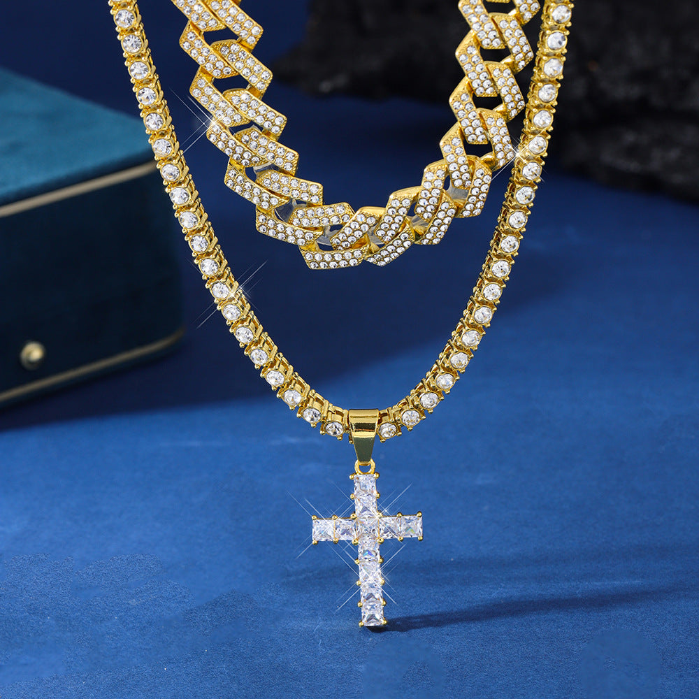 Zircon Cross Pendant Necklace Hip Hop Full Miami Curb Cuban Chain Iced Out Paved Rhinestones Bling Rapper Necklaces For Men Men's And Women's Clavicle Chain Jewelry 70g