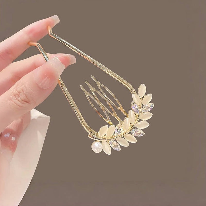 High-end Exquisite Cat Eye U-shaped Hairpin New Wheat Leaf Hair Plug Updo Hair 40g