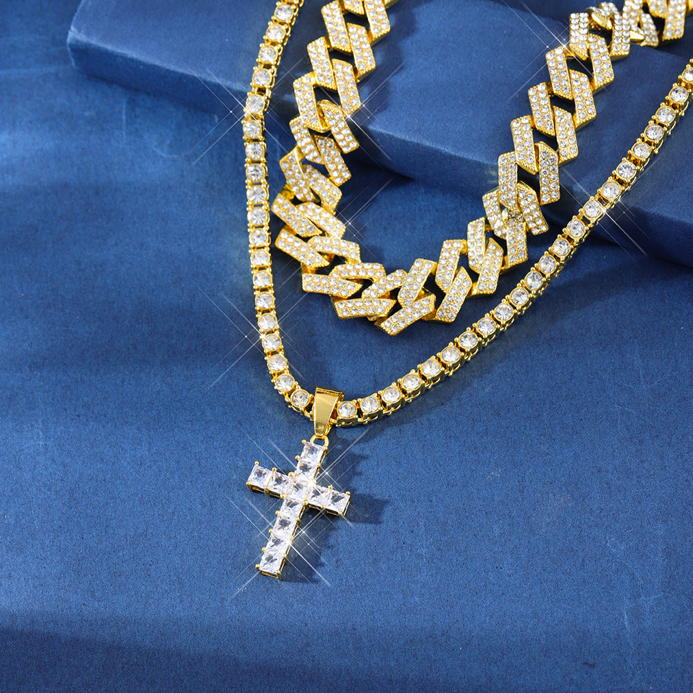 Zircon Cross Pendant Necklace Hip Hop Full Miami Curb Cuban Chain Iced Out Paved Rhinestones Bling Rapper Necklaces For Men Men's And Women's Clavicle Chain Jewelry 70g