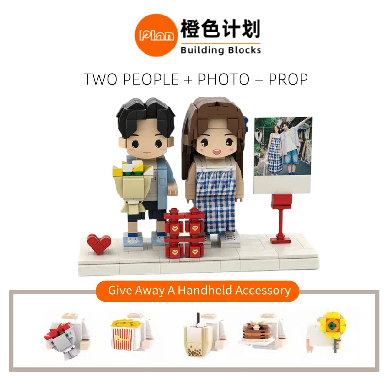 Plan laranja blocos de construção personalizados personagem personalizado casal conjunto corpo inteiro 2 minifiguras pequenas grânulos foto