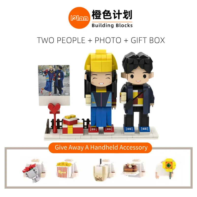 Plan laranja blocos de construção personalizados personagem personalizado casal conjunto corpo inteiro 2 minifiguras pequenas grânulos foto