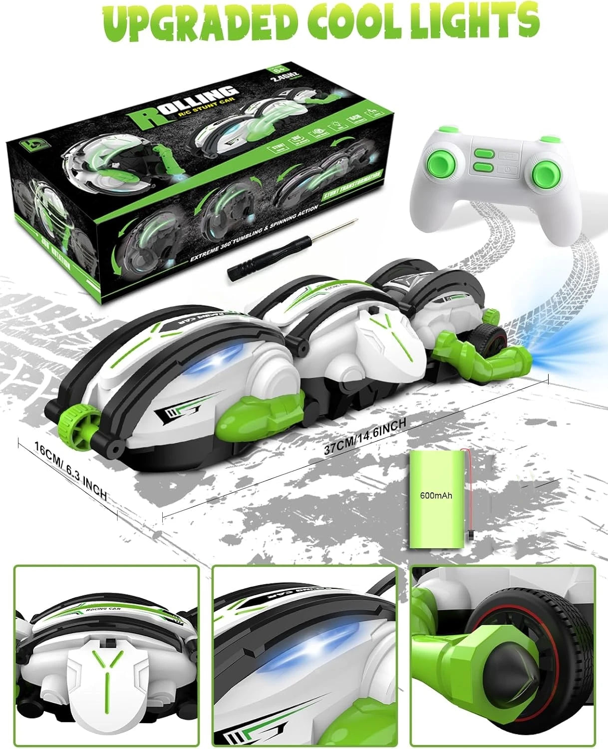 Remote Control Car Snake 360° Rolling RC Stunt Snake Car with LED Lights Indoor Outdoor Toys for Kids