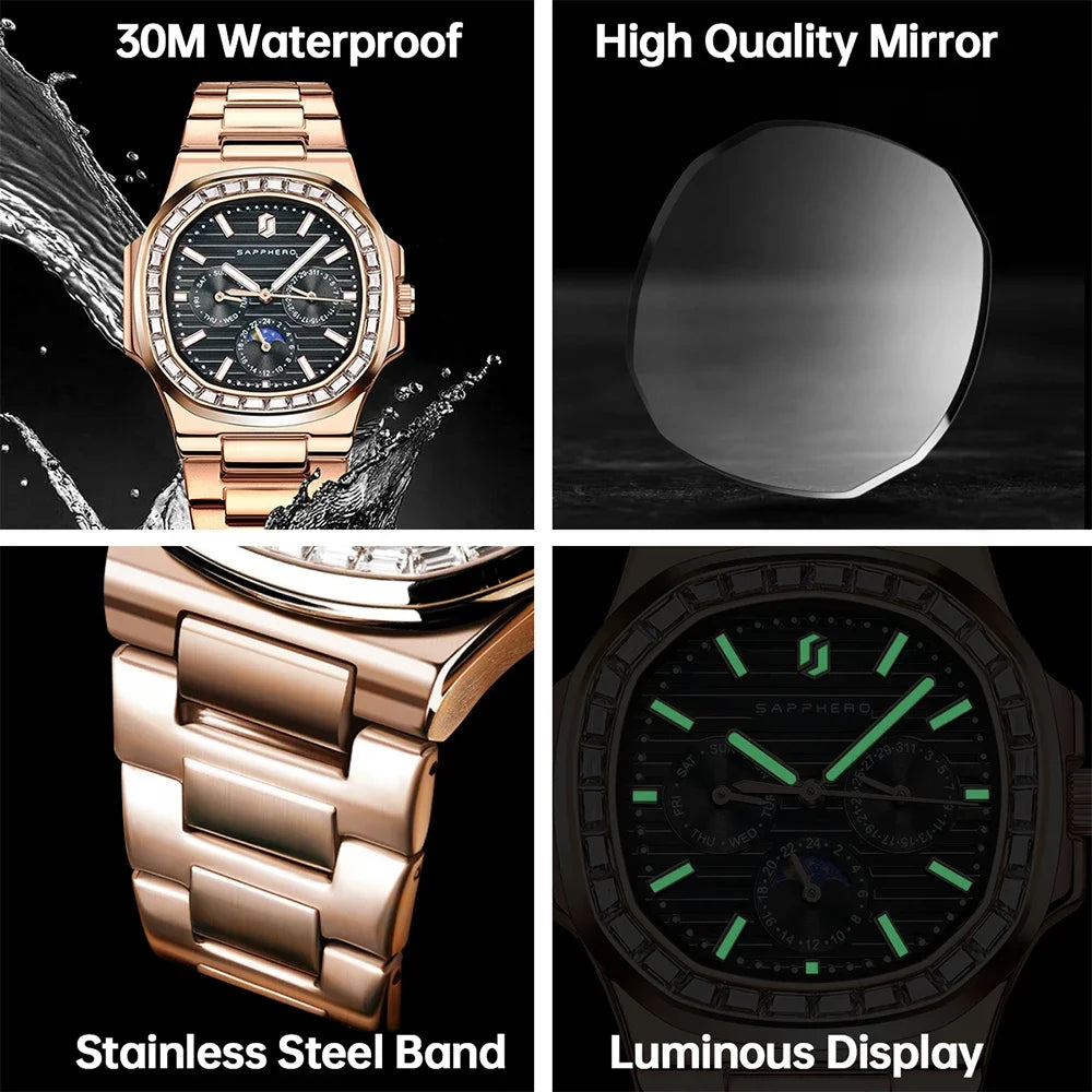 SAPPHERO Rose Gold Watches Men's Watch For Men Waterproof Quartz Watches Diamond Clocks Fashion New Men's Gifts Wristwatch