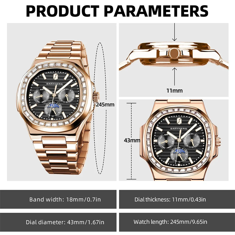 SAPPHERO Rose Gold Watches Men's Watch For Men Waterproof Quartz Watches Diamond Clocks Fashion New Men's Gifts Wristwatch