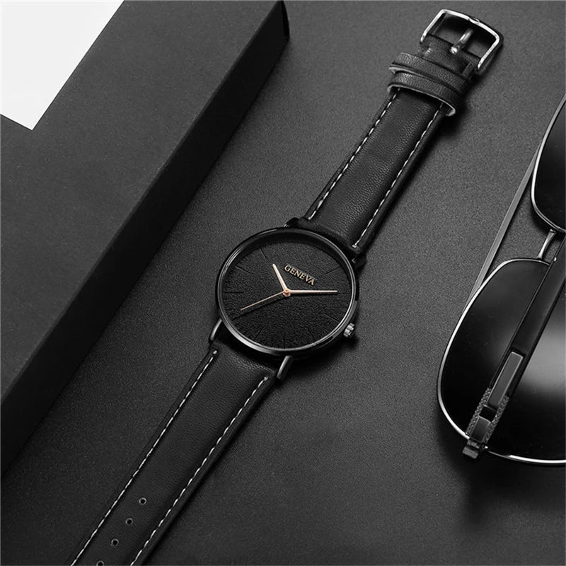 Simple Style Black Men Watches Top Brand Geneva Luxury Quartz Man Watch Minimalist Casual Leather Men Clock 2021 Erkek Kol Saati