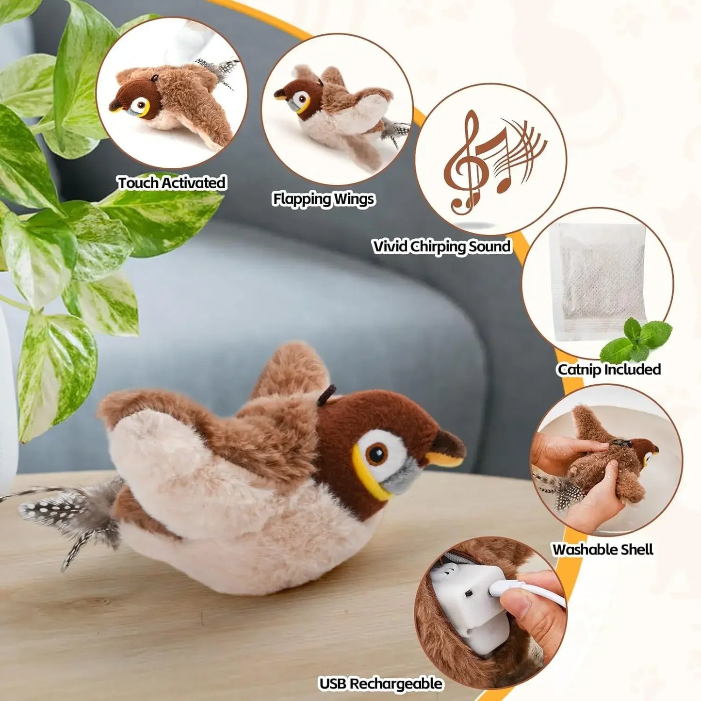 Smart Interactive Cat Toys Rechargeable Chirping Flapping Bird with Catnip Indoor Dogs Cats Touch Activated Squeak Pet Plush Toy