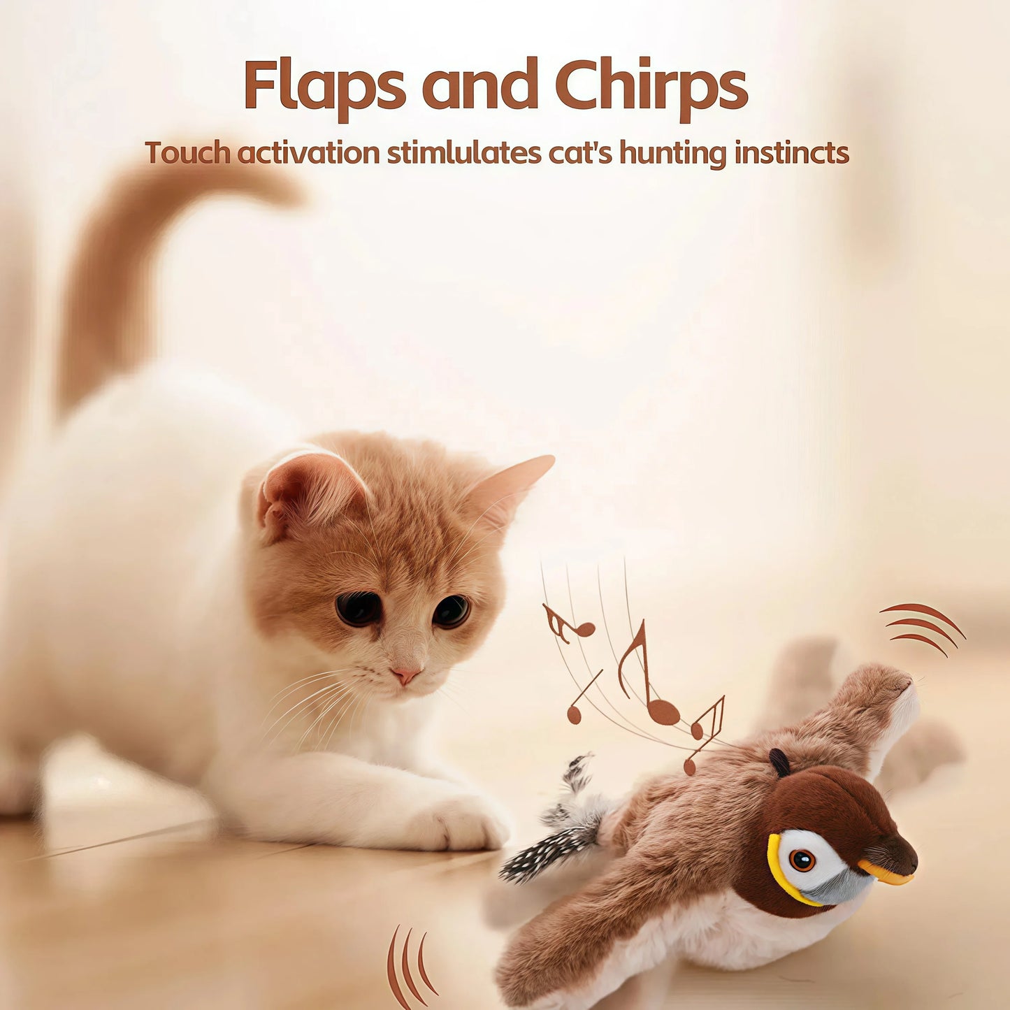 Smart Interactive Cat Toys Rechargeable Chirping Flapping Bird with Catnip Indoor Dogs Cats Touch Activated Squeak Pet Plush Toy