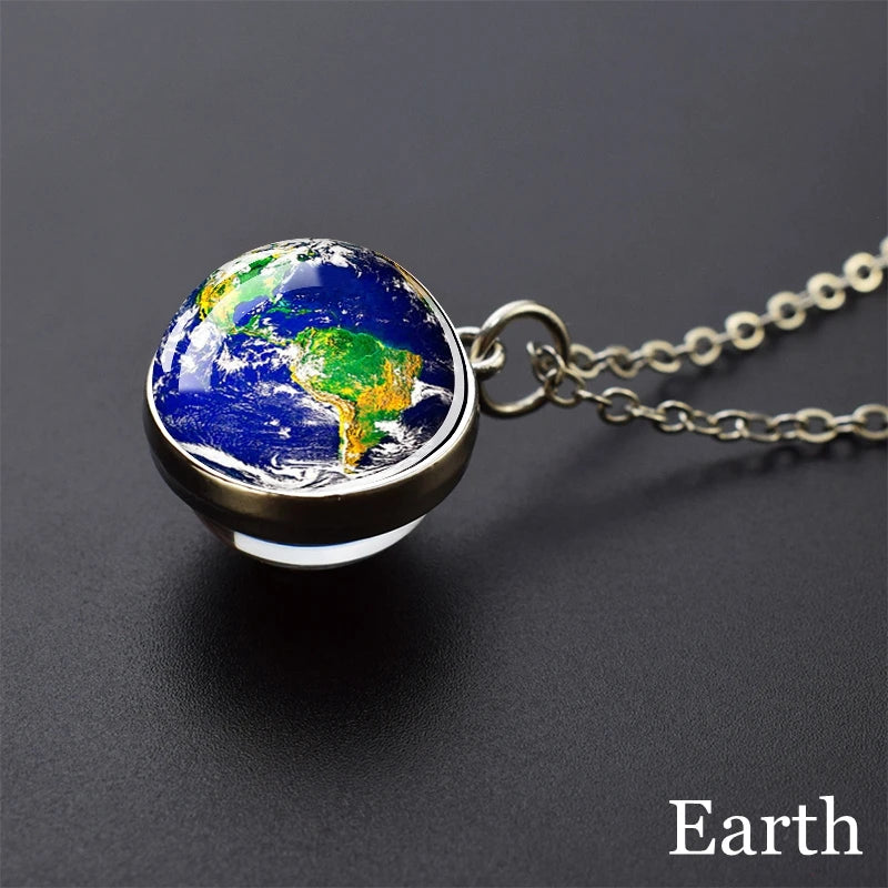 Solar System Universe Space Moon Sun Earth Planet Necklaces Two-sided Glass Ball Pendant Nebula Necklace Women Men Jewelry Gift