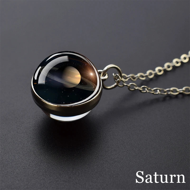 Solar System Universe Space Moon Sun Earth Planet Necklaces Two-sided Glass Ball Pendant Nebula Necklace Women Men Jewelry Gift