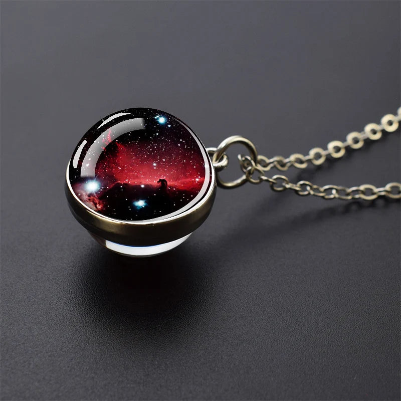 Solar System Universe Space Moon Sun Earth Planet Necklaces Two-sided Glass Ball Pendant Nebula Necklace Women Men Jewelry Gift